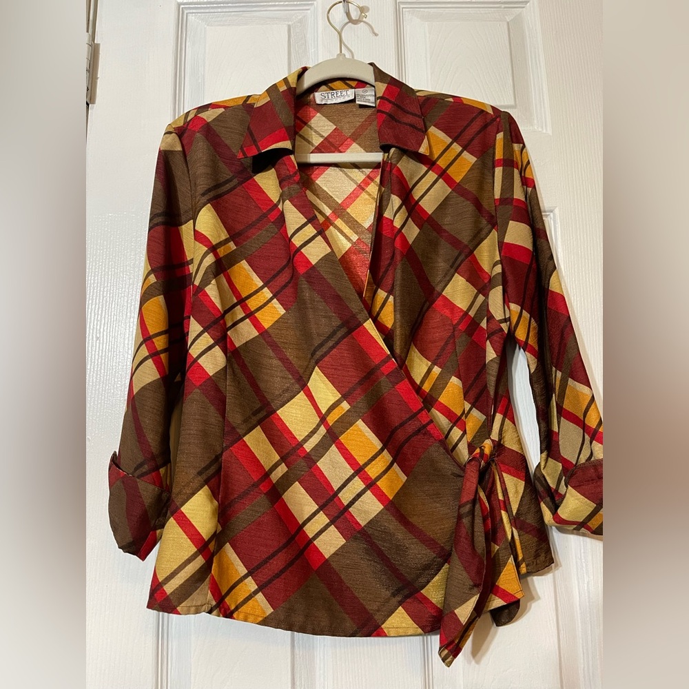 Striped Plaid Wrap Tunic in Red, Brown & Yellow - STONEBRIDGE
